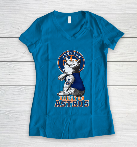 MLB Baseball My Cat Loves Houston Astros Women's V-Neck T-Shirt 5
