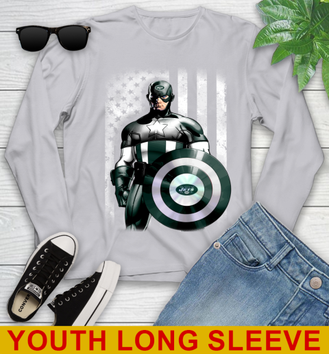 New York Jets NFL Football Captain America Marvel Avengers American Flag Shirt Youth Long Sleeve 5