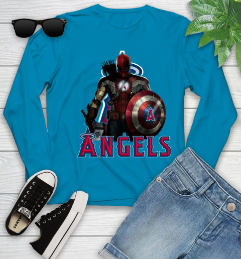 MLB Captain America Thor Spider Man Hawkeye Avengers Endgame Baseball Los Angeles Angels Youth Long Sleeve 7