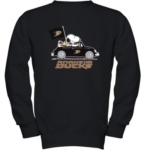 Snoopy And Woodstock Ride The Aheim Ducks Car NhL Youth Sweatshirt