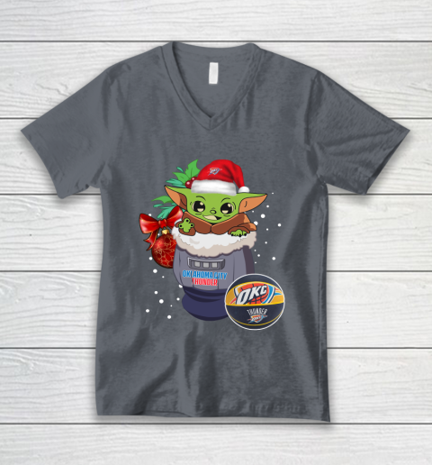Oklahoma City Thunder Christmas Baby Yoda Star Wars Funny Happy NBA V-Neck T-Shirt 5