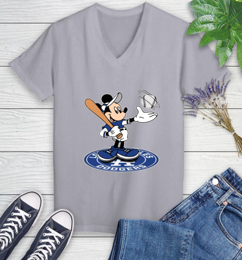 MLB Baseball Los Angeles Dodgers Cheerful Mickey Disney Shirt Women's V-Neck T-Shirt 4