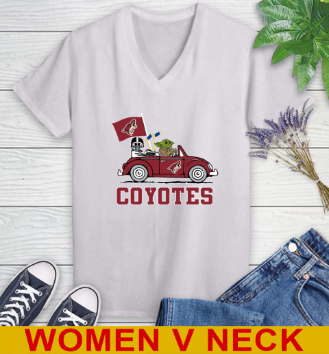 NHL Hockey Arizona Coyotes Darth Vader Baby Yoda Driving Star Wars Shirt Women's V-Neck T-Shirt