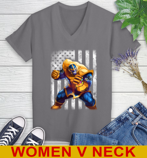 NBA Basketball Utah Jazz Thanos Marvel American Flag Shirt Women's V-Neck T-Shirt - Image 12