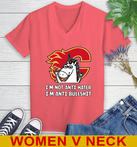 Calgary Flames NHL Hockey Unicorn I'm Not Anti Hater I'm Anti Bullshit Women's V-Neck T-Shirt 7