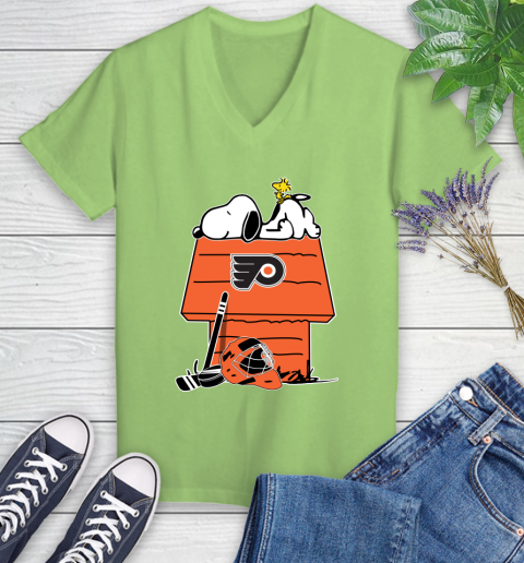 Philadelphia Flyers NHL Hockey Snoopy Woodstock The Peanuts Movie Women's V-Neck T-Shirt 11