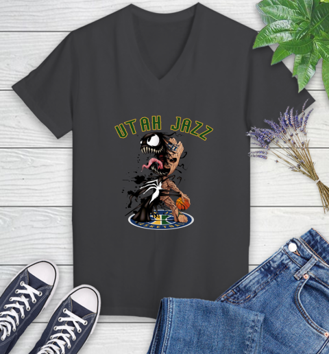 NBA Utah Jazz Basketball Venom Groot Guardians Of The Galaxy Women's V-Neck T-Shirt 8