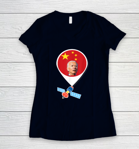 Chinese Spy Balloon Funny Surveillance Joe Biden China Flag Women's V-Neck T-Shirt 2
