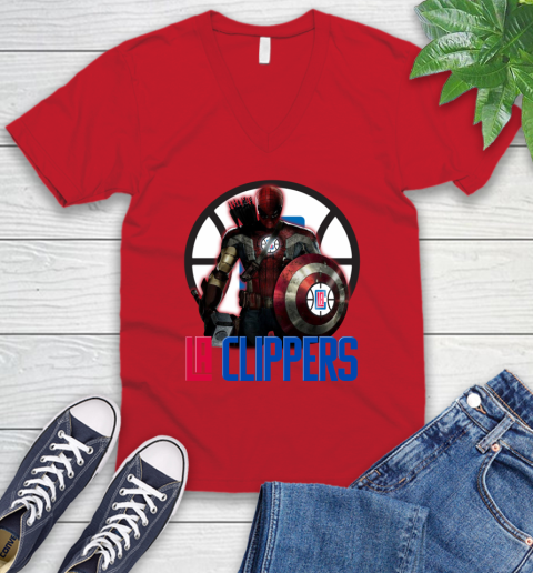 LA Clippers NBA Basketball Captain America Thor Spider Man Hawkeye Avengers V-Neck T-Shirt 7