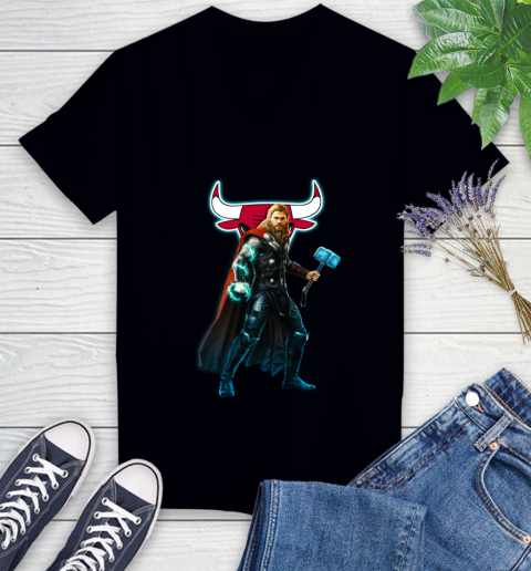 NBA Thor Avengers Endgame Basketball Chicago Bulls Women's V-Neck T-Shirt 2