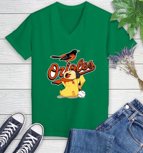 MLB Pikachu Baseball Sports Baltimore Orioles Women's V-Neck T-Shirt 5
