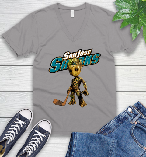 San Jose Sharks NHL Hockey Groot Marvel Guardians Of The Galaxy V-Neck T-Shirt 4
