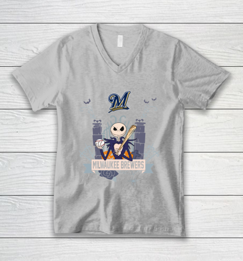 MLB Milwaukee Brewers Baseball Jack Skellington Halloween V-Neck T-Shirt 3