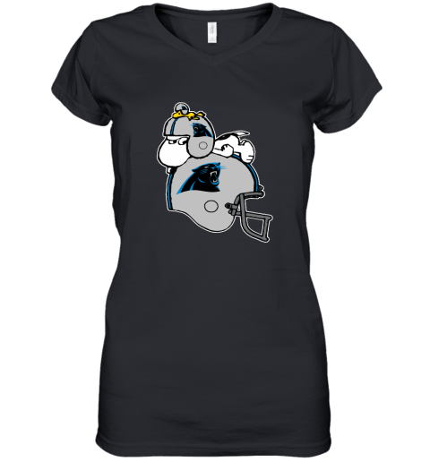 Snoopy And Woodstock Resting On Carolina Panthers Helmet Women's V-Neck T-Shirt