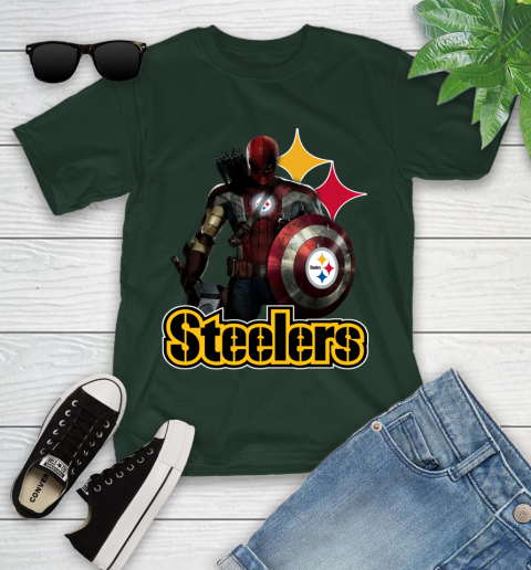 NFL Captain America Thor Spider Man Hawkeye Avengers Endgame Football Pittsburgh Steelers Youth T-Shirt 17