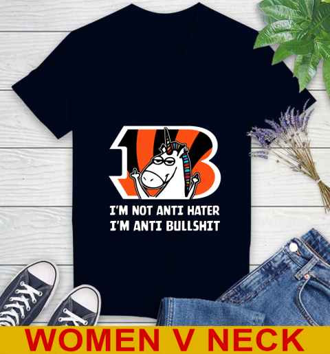 Cincinnati Bengals NFL Football Unicorn I'm Not Anti Hater I'm Anti Bullshit Women's V-Neck T-Shirt 3