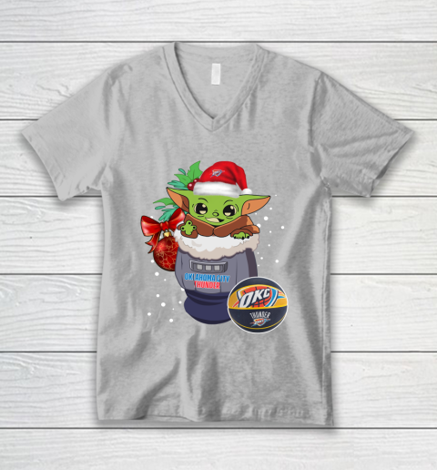 Oklahoma City Thunder Christmas Baby Yoda Star Wars Funny Happy NBA V-Neck T-Shirt 4