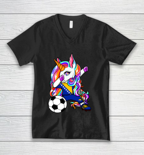 Dabbing Unicorn Bosnia Herzegovina Soccer Fans Flag Football V-Neck T-Shirt