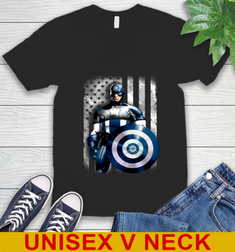 Seattle Mariners MLB Baseball Captain America Marvel Avengers American Flag Shirt V-Neck T-Shirt