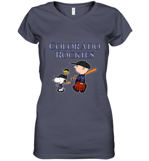 Colorado Rockies Let's Play Baseball Together Snoopy MLB Women's V-Neck T-Shirt