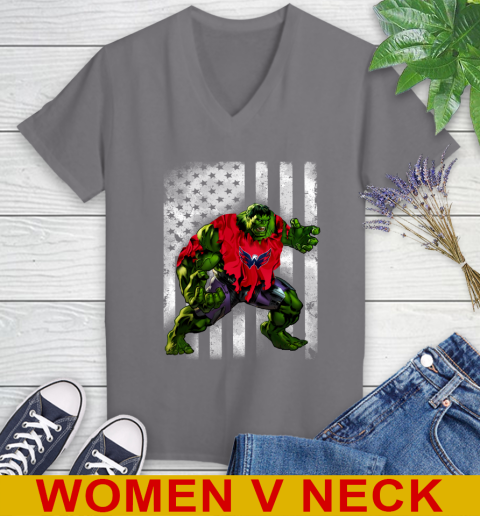 Washington Capitals Hulk Marvel Avengers NHL Hockey American Flag Women's V-Neck T-Shirt 11