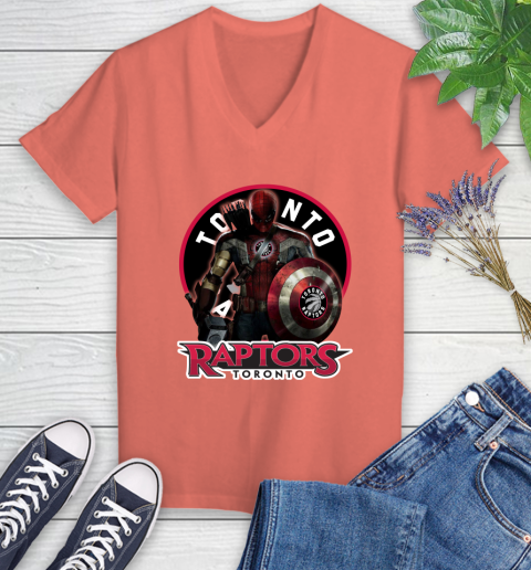 Toronto Raptors NBA Basketball Captain America Thor Spider Man Hawkeye Avengers Women's V-Neck T-Shirt 6
