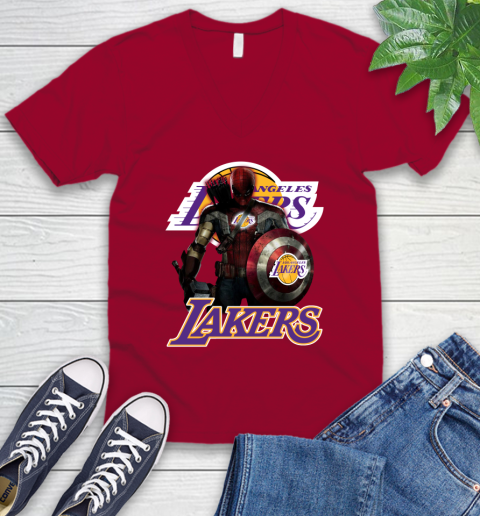 Los Angeles Lakers NBA Basketball Captain America Thor Spider Man Hawkeye Avengers V-Neck T-Shirt 8
