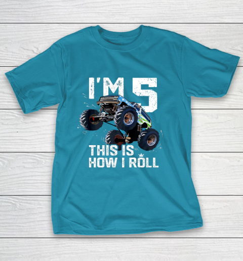 Kids I'm 5 This is How I Roll Monster Truck 5th Birthday Boy Gift 5 Year Old T-Shirt 7