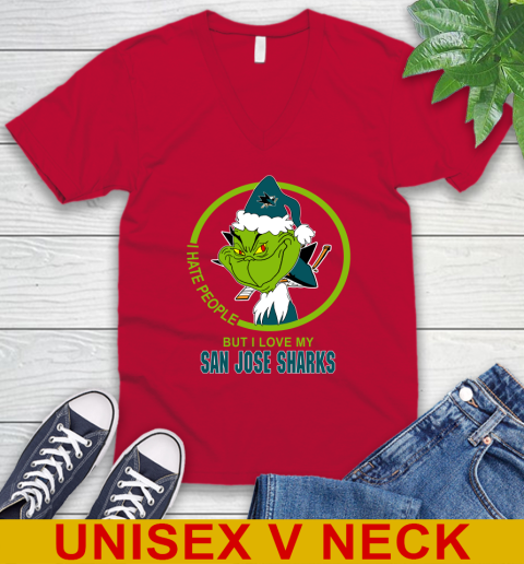 San Jose Sharks NHL Christmas Grinch I Hate People But I Love My Favorite Hockey Team V-Neck T-Shirt 7