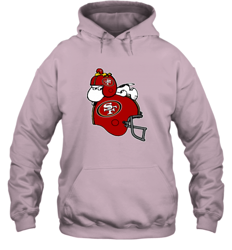qusm snoopy and woodstock resting on san francisco 49ers helmet hoodie 23 front light pink
