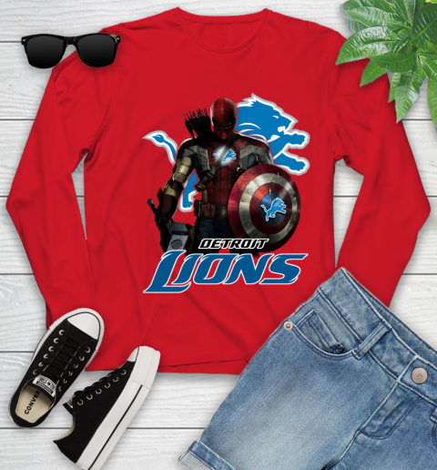 NFL Captain America Thor Spider Man Hawkeye Avengers Endgame Football Detroit Lions Youth Long Sleeve 11