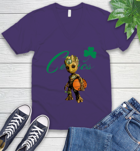 Boston Celtics NBA Basketball Groot Marvel Guardians Of The Galaxy V-Neck T-Shirt 10