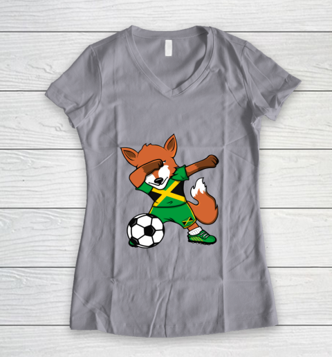Dabbing Fox Jamaica Soccer Fans Jersey Jamaican Football Fan Women's V-Neck T-Shirt 4