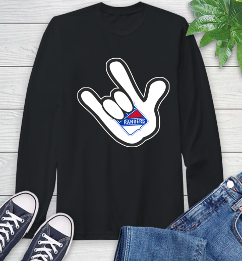 New York Rangers NHL Hockey Mickey Rock Hand Disney Long Sleeve T-Shirt 2