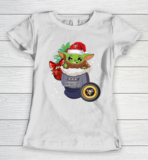Pittsburgh Penguins Christmas Baby Yoda Star Wars Funny Happy NHL Women's T-Shirt 3