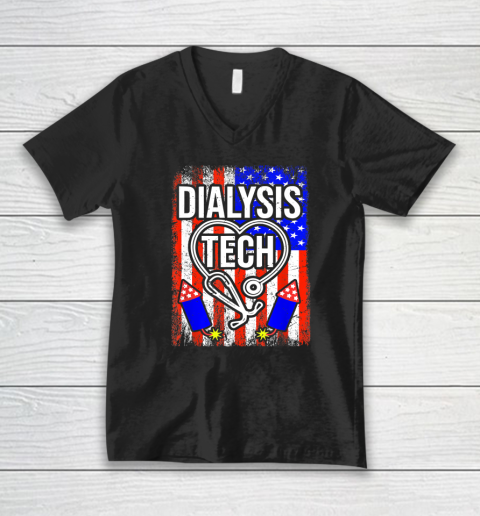 Dialysis Tech 4th Of July American Flag Stethoscope Sparkler V-Neck T-Shirt