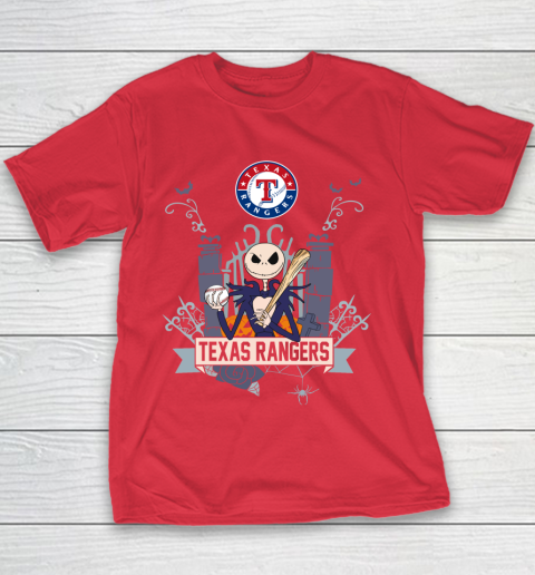 MLB Texas Rangers Baseball Jack Skellington Halloween Youth T-Shirt 7
