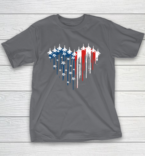 Retro Fighter Jet Airplane American Flag Heart 4th Of July Youth T-Shirt 5