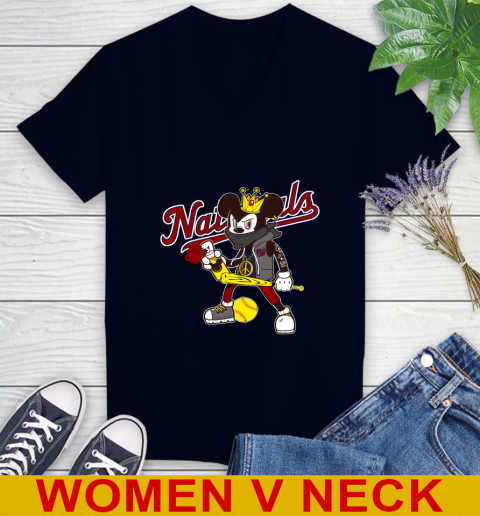 Washington Nationals MLB Baseball Mickey Peace Sign Sports Women's V-Neck T-Shirt 3