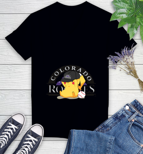 MLB Pikachu Baseball Sports Colorado Rockies Women's V-Neck T-Shirt 2