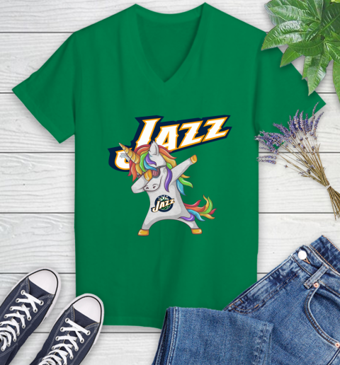 Utah Jazz NBA Basketball Funny Unicorn Dabbing Sports Women's V-Neck T-Shirt 5