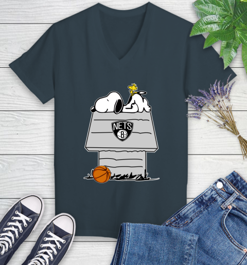 Brooklyn Nets NBA Basketball Snoopy Woodstock The Peanuts Movie Women's V-Neck T-Shirt 8