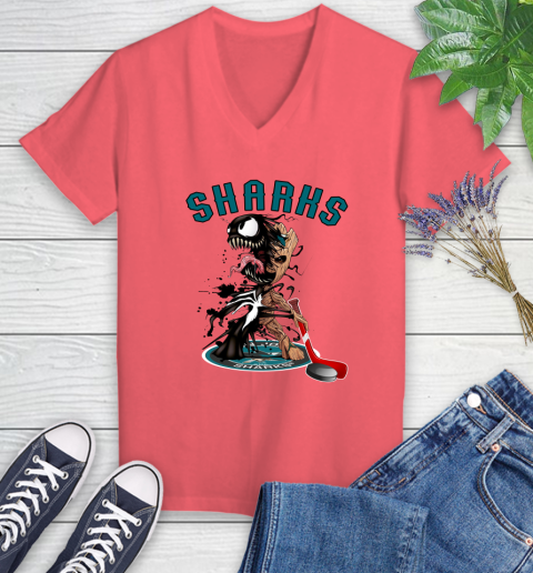 NHL San Jose Sharks Hockey Venom Groot Guardians Of The Galaxy Women's V-Neck T-Shirt 6