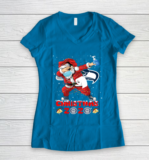 Seattle Seahawks Funny Santa Claus Dabbing Christmas 2020 NFL Women's V-Neck T-Shirt 5