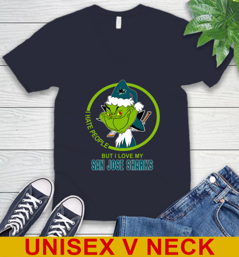 San Jose Sharks NHL Christmas Grinch I Hate People But I Love My Favorite Hockey Team V-Neck T-Shirt 3