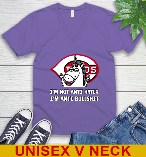 Cincinnati Reds MLB Baseball Unicorn I'm Not Anti Hater I'm Anti Bullshit V-Neck T-Shirt 9