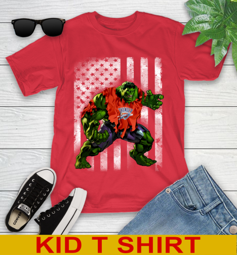 Oklahoma City Thunder Hulk Marvel Avengers NBA Basketball American Flag Youth T-Shirt 11