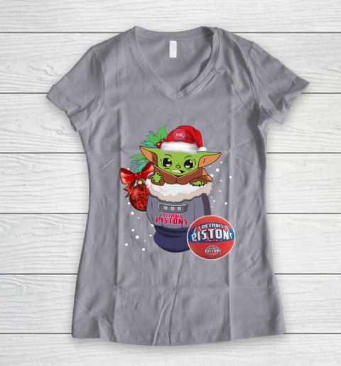 Detroit Pistons Christmas Baby Yoda Star Wars Funny Happy NBA Women's V-Neck T-Shirt 4