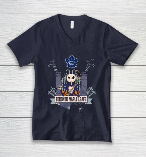 NHL Toronto Maple Leafs Hockey Jack Skellington Halloween V-Neck T-Shirt 2