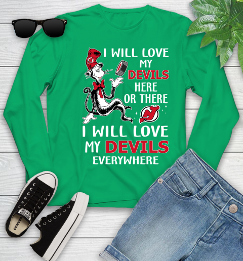 NHL Hockey New Jersey Devils I Will Love My Devils Everywhere Dr Seuss Shirt Youth Long Sleeve 6
